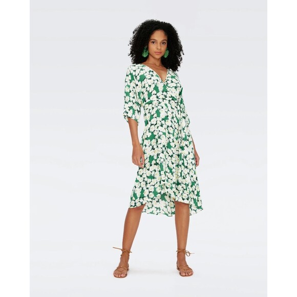 Diane Von Furstenberg womens Eloise Faux Wrap Midi Dress sz 00 Green Floral $378 - Picture 1 of 9